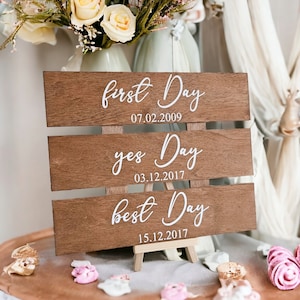 Könnte beinhalten: Ein Holzschild mit drei Zeilen Text. Die obere Zeile lautet "first Day 07.02.2009". Die mittlere Zeile lautet "yes Day 03.12.2017". Die untere Zeile lautet "best Day 15.12.2017".