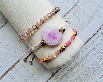 DUSTY PINK Druzy Adjustable Bracelet Stack|Druzy Pink Adjustable Bracelet Set|Tila Bead Bracelet Set