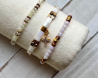 SIENNA Minimalist Stretch Bracelet Stack|Minimalist Cross Tila Bead Bracelet Set|BOHO Bracelet Set|Christian Tila Bread Bracelet Set