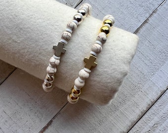 NEVEDA Hope Stretch Bracelet|Gold/Silver Cross Bracelet|Ivory Turquoise Bead Bracelet