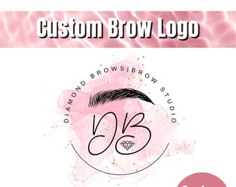 May include: A pink and gold logo design for a brow studio called "Diamond Brows | Brow Studio". The logo features a stylized eyebrow, the letters "DB" with a diamond inside the "B", and a pink watercolor background with gold glitter.