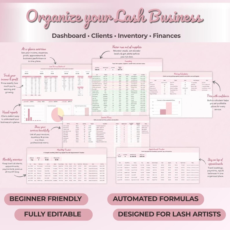May include: A pink digital dashboard for lash businesses, featuring sections for clients, inventory, and finances. The dashboard includes charts, graphs, and tables for tracking income, expenses, and appointments. Text on the dashboard includes "Beginner Friendly" and "Designed for Lash Artists."