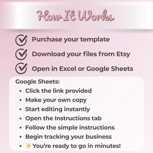 May include: A pink and white graphic with the text "How It Works" at the top. The image details the steps to use a template: purchase, download from Etsy, and open in Excel or Google Sheets. Instructions for Google Sheets are also provided.