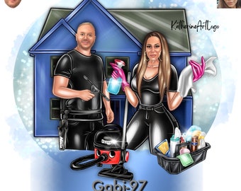 Può includere: Un'illustrazione di cartoni animati di un uomo e una donna davanti a una casa blu. L'uomo tiene una spatola e la donna tiene uno spruzzino per la pulizia e un panno bianco. Il testo "Gabi-97 Gebäudereinigung" è nella parte inferiore dell'immagine.