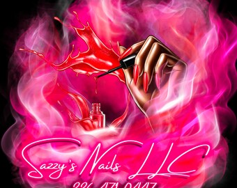 Könnte beinhalten: Digitale Illustration einer Hand mit langen, roten Nägeln, die roten Nagellack aufträgt. Das Bild zeigt einen Spritzer roten Lacks und eine Flasche Lack vor einem rosa-schwarzen Hintergrund. Der Text "Sazzy's Nails LLC" und eine Telefonnummer sind ebenfalls vorhanden.