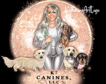May include: A woman with long blonde hair is surrounded by four small dogs. She is wearing a gray suit and holding a green folder. The text "KT CANINES, LLC" is at the bottom of the image.
