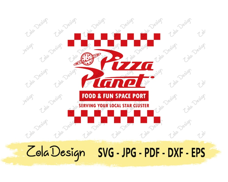 May include: Red and white checkered design with the words "Pizza Planet" in a retro font. The text "Food & Fun Space Port" and "Serving Your Local Star Cluster" are below the logo.