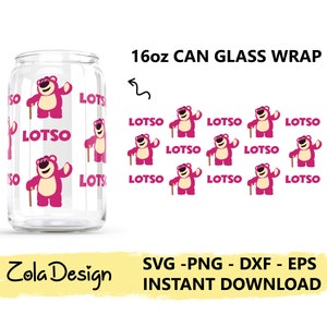 May include: A 16-ounce can glass wrap featuring a repeating pattern of pink Lotso bear characters from the Toy Story movie franchise. The design includes the text "LOTSO" repeated throughout the pattern. The wrap is designed to fit a standard 16-ounce can.