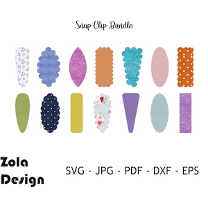 Op de afbeelding: Een set van 12 digitale clip art-ontwerpen voor snap-clips. De ontwerpen omvatten verschillende patronen en kleuren, zoals bloemen, stippen en geometrische patronen. De ontwerpen zijn beschikbaar in de formaten SVG, JPG, PDF, DXF en EPS.  Snap Clip Bundle - Zola Design