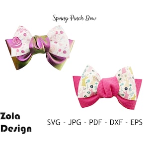 May include: Two spring-themed hair bows. The first bow is pink and white with a floral pattern. The second bow is pink with a bunny pattern. The text "Spring Pinch Bow" is at the top of the image. The text "Zola Design" is at the bottom of the image. The text "SVG - JPG - PDF - DXF - EPS" is also at the bottom of the image.