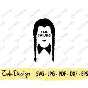 May include: Black and white silhouette of a woman with pigtails and the text "I AM SMILING" above her eyes.
