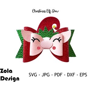 Puede incluir: Archivo de corte digital para un lazo de elfo navideño. Esta descarga digital incluye archivos SVG, JPG, PDF, DXF y EPS. El lazo es rojo, verde y rosa con una linda cara de elfo.