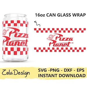 May include: A digital download design for a 16oz can glass wrap featuring the Pizza Planet logo from the movie Toy Story. The design includes a red and white checkered pattern and the text "Pizza Planet".