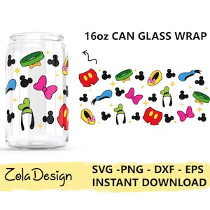 May include: A clear 16oz can glass wrap featuring a repeating pattern of cartoon character elements, including Mickey Mouse shorts, Minnie Mouse bows, and Donald Duck's hat. The design includes the text "16oz CAN GLASS WRAP".