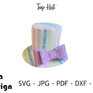 May include: A pastel striped top hat with a purple glitter bow. The hat is on a white background. Top Hat.