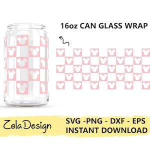 May include: A digital download of a 16oz can glass wrap design featuring a pink and white checkered pattern with pink Mickey Mouse heads. The design is available in SVG, PNG, DXF, and EPS formats. "SVG -PNG - DXF - EPS INSTANT DOWNLOAD Zola Design" text is also included in the image.