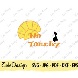 Könnte beinhalten: Ein digitales Design mit einer gelben Sonne und den orangefarbenen Worten "No Touchy". Eine schwarze Giraffensilhouette ist ebenfalls vorhanden. Das Design enthält den Text "Zola Design" und Dateitypoptionen.