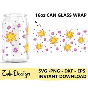 May include: A 16oz can glass wrap featuring a repeating pattern of yellow suns with purple flowers and dots. The design is inspired by the Disney movie Tangled.