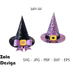 May include: Two witch hats, one black with a pink bow and one purple with a black band and yellow buckle. The text "Witch Hat" is above the hats and "Zola Design" and "SVG - JPG - PDF - DXF - EPS" are below.