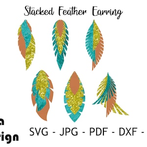 May include: Stacked feather earring design in teal and gold glitter. The design is available in SVG, JPG, PDF, DXF, and EPS formats.
