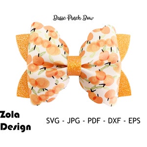 May include: A white bow with a yellow center and a pattern of orange fruit on a white background. The bow is labeled "Basic Pinch Bow".