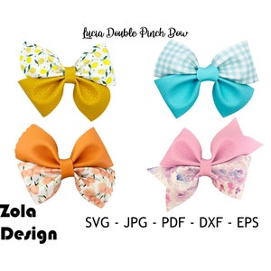 Puede incluir: Cuatro lazos dobles de pellizco en diferentes colores y patrones. Los lazos están hechos de tela y tienen un nudo central. Los lazos están dispuestos en un patrón de cuadrícula. El texto "Lucia Double Pinch Bow" está en la parte superior de la imagen. El texto "Zola Design" está en la parte inferior izquierda de la imagen. El texto "SVG - JPG - PDF - DXF - EPS" está en la parte inferior derecha de la imagen.