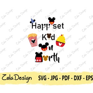 May include: A digital design featuring Mickey Mouse characters and the text "Happy Kid Set", "Kid", and "Worth". The design includes a popcorn bucket, ice cream cone, and a cupcake.