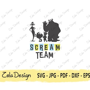 May include: A black and white graphic of characters from a monster movie, with the text "SCREAM TEAM" in colorful block letters. Below the text is the name "Zola Design" and file type options.
