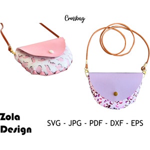Könnte beinhalten: Zwei rosa und lila halbkreisförmige Umhängetaschen mit einem braunen Riemen. Die Taschen haben eine Klappe mit einem kleinen Knopfverschluss. Die Taschen sind mit einem rosa und lila Leopardenmuster verziert.