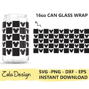 May include: A black and white checkered pattern with Mickey Mouse heads on a 16 ounce can glass wrap. The text "16oz CAN GLASS WRAP" is at the top of the image. The text "SVG -PNG - DXF - EPS INSTANT DOWNLOAD" is at the bottom of the image.
