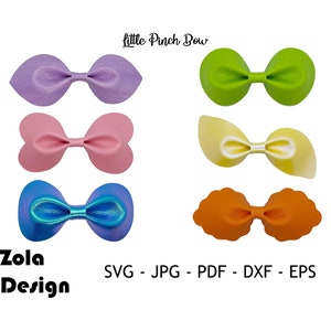 Puede incluir: Seis formas de lazo de diferentes colores, incluyendo morado, rosa, azul, verde, amarillo y naranja. El texto "Little Pinch Bow" está en la parte superior de la imagen. El texto "Zola Design" está en la parte inferior izquierda de la imagen. El texto "SVG - JPG - PDF - DXF - EPS" está en la parte inferior derecha de la imagen.