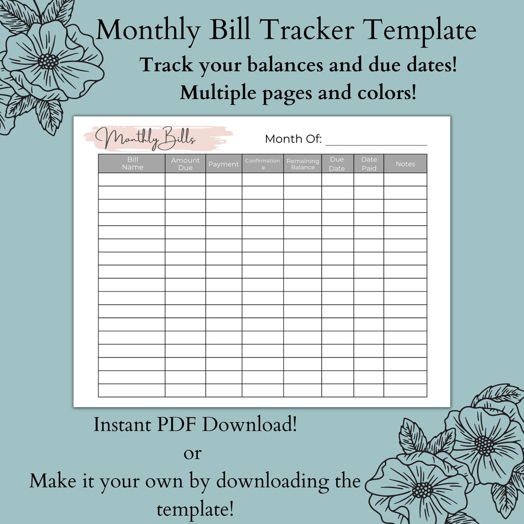 Monthly Bill Tracker Template Editable Digital Bill Tracker Monthly