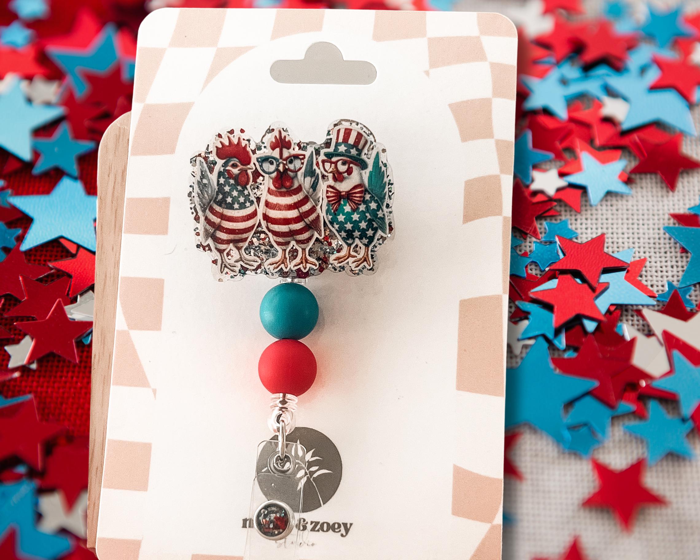 Patriotic Chicken Badge Reel, Funny Nurse ID Clip, 4th of July Work Accessory, Red White and Blue Badge Holder, Farm Animal ID Tag