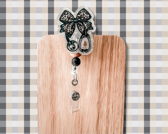Black Leopard Bow Stethoscope Badge Reel, Cute Nurse Badge Holder, Glitter Retractable ID Reel, Chic Medical Badge Clip
