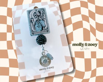Skeleton Nurse Badge Reel, Glitter Goth Tarot ID Holder, RN Gift