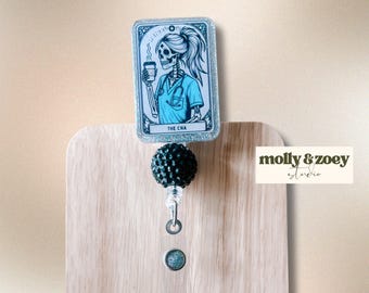 Skeleton Nurse Badge Reel, Gothic CNA, Glitter Tarot ID Holder