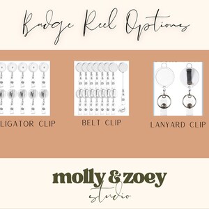 Puede incluir: Imagen que muestra opciones de carretes para insignias: pinza de cocodrilo, pinza para cintur&oacute;n y pinza para cord&oacute;n. El texto "Badge Reel Options" est&aacute; en la parte superior, con el logotipo "molly & zoey studio" en la parte inferior. Los carretes para insignias son blancos y transparentes.