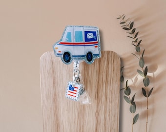 Mail Truck Badge Reel: Glitter Postal Worker ID Holder with American Flag
