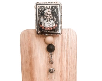 Skeleton Nurse Badge Reel, Gothic Halloween ID Clip, Healthcare Worker Gift