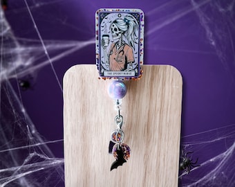 Spooky Nurse Badge Reel: Skeleton Coffee, Bat Charm, Glitter Halloween ID Holder
