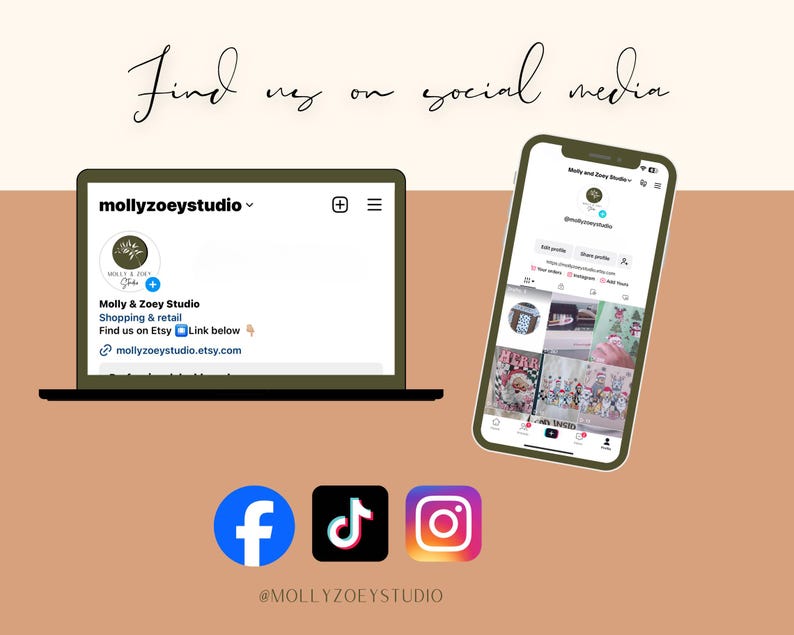 Puede incluir: Gr&aacute;fico digital con el texto "Encu&eacute;ntranos en las redes sociales". Una computadora port&aacute;til y un tel&eacute;fono inteligente muestran perfiles de redes sociales. Debajo, iconos de Facebook, TikTok e Instagram con el nombre de usuario @MOLLYZOEYSTUDIO.