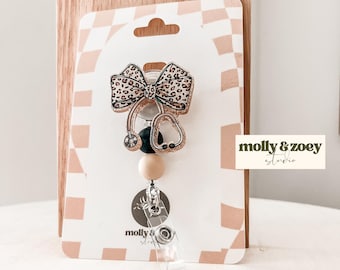 Leopard Bow Stethoscope Badge Reel, Nurse ID Holder