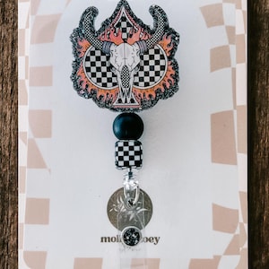 Western Cow Skull Badge Reel, Cowgirl Nurse ID Holder, Checkered Flame RN Clip, Rodeo Aesthetic Work Accessory, Glitter Badgereel