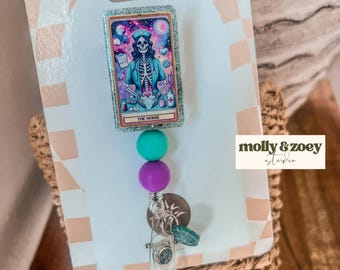 Skeleton Nurse Tarot Badge Reel: Glitter ID Holder, RN Gift