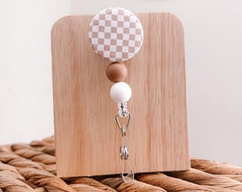 Tan Checkered Badge Reel: Silicone Beaded Work ID Holder