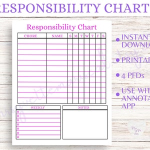 Printable Responsibility Chart, Kids Teens Chore Chart, Instant Download