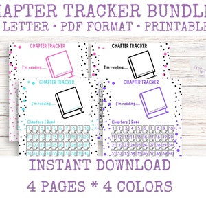 May include: A printable chapter tracker bundle with four pages in four different colors. Each page features a book icon and a space to write the title of the book. The pages also include a grid to track the chapters read.