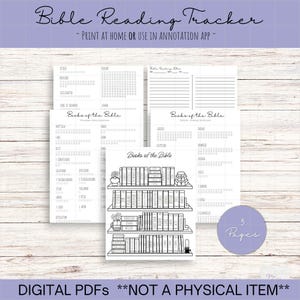 Puede incluir: Un rastreador de lectura bíblica digital con el texto "Bible Reading Tracker" y "PRINT AT HOME OR USE IN ANNOTATION APP". El diseño incluye un gráfico de estantería y las palabras "Books of the Bible". La imagen también dice "DIGITAL PDFS **NOT A PHYSICAL ITEM**".
