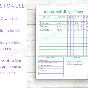 Printable Responsibility Chart, Kids Teens Chore Chart, Instant ...