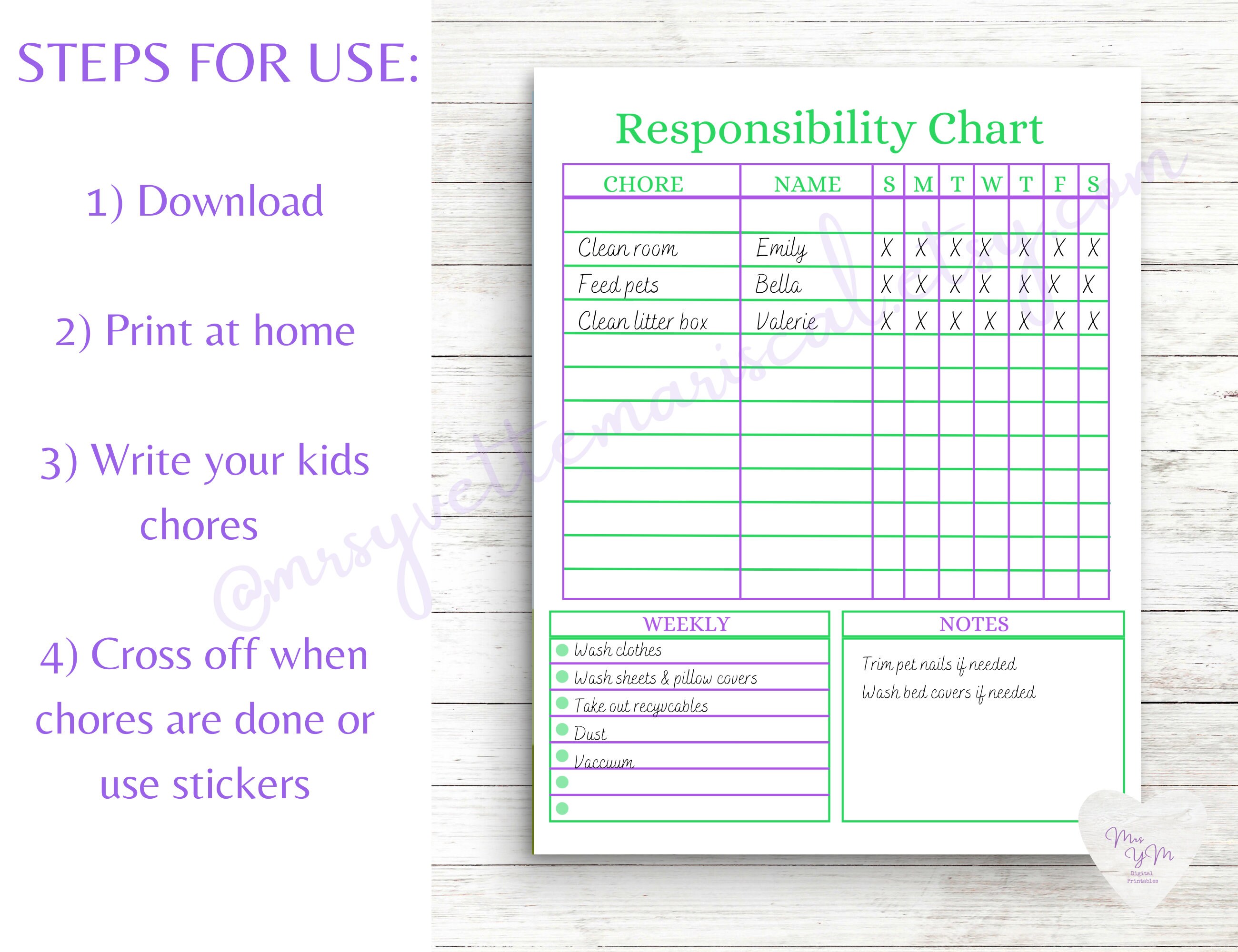 Printable Responsibility Chart, Kids Teens Chore Chart, Instant ...